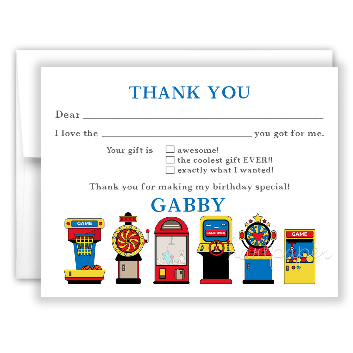 Arcade Thank You Note Card Personalized Custom Stationery • Fill in Blank, Lined or Blank Cards