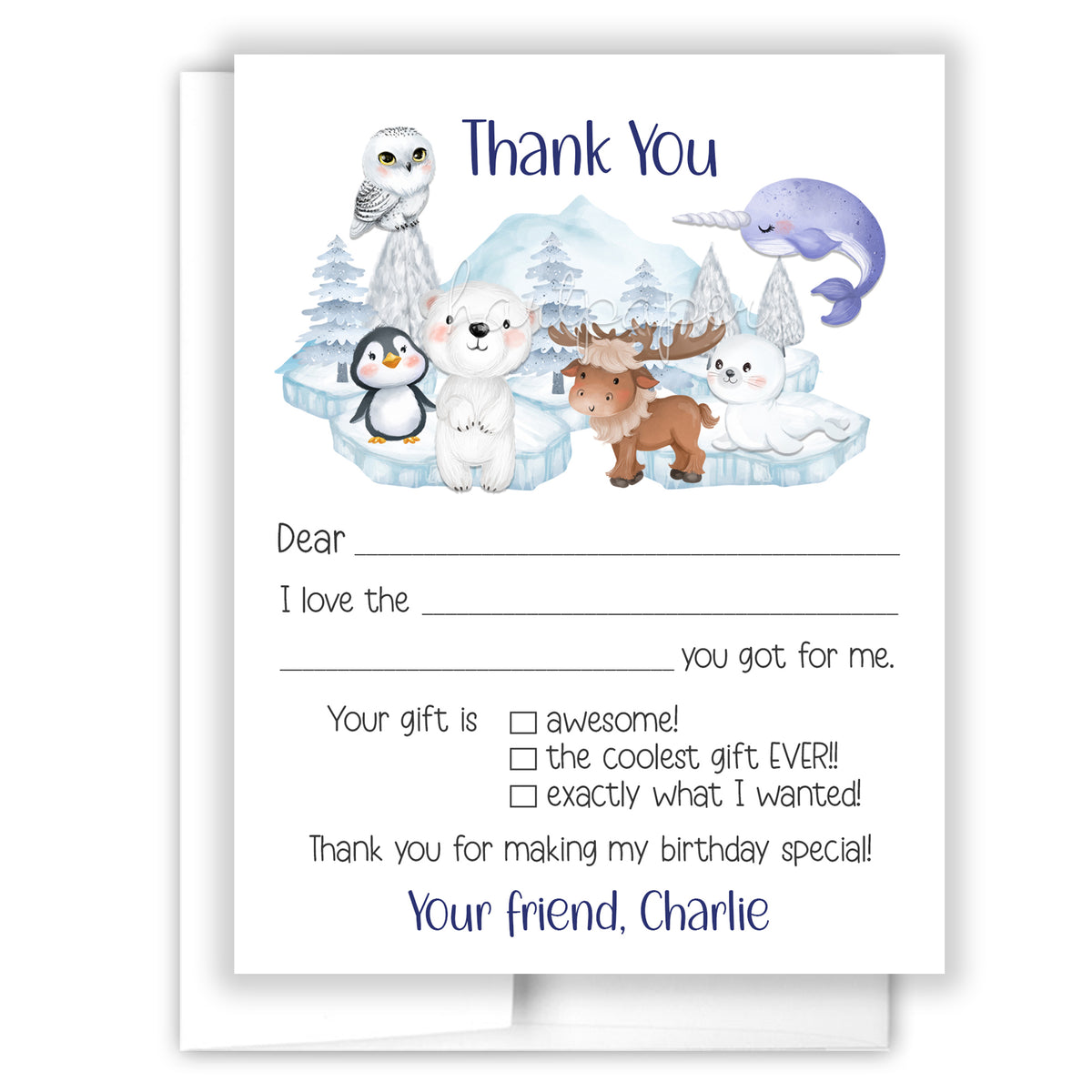 Arctic Animals Thank You Note Card Personalized Custom Stationery • Fill in Blank, Lined or Blank Cards