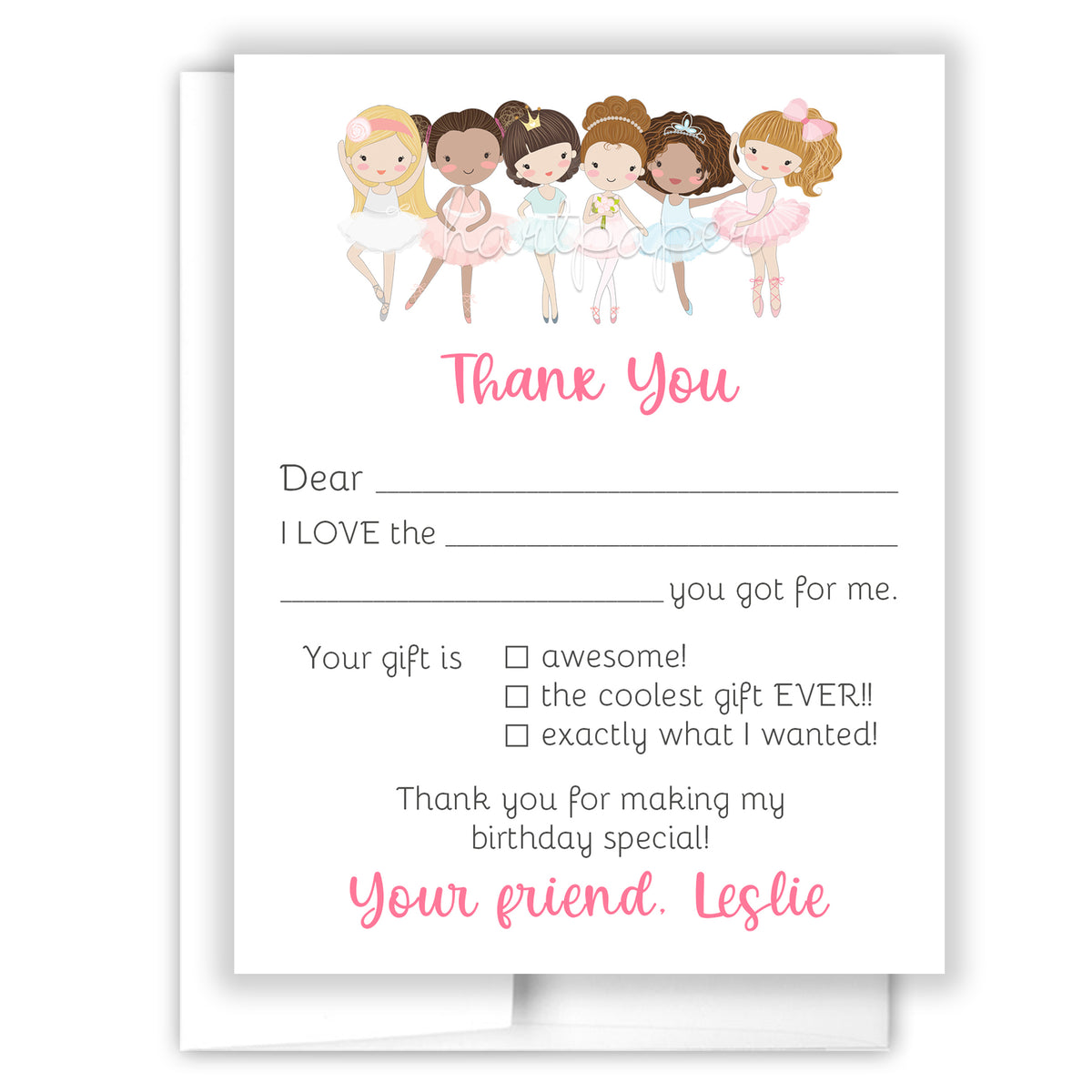 Ballerina Ballet Thank You Note Card Personalized Custom Stationery • Fill in Blank, Lined or Blank Cards