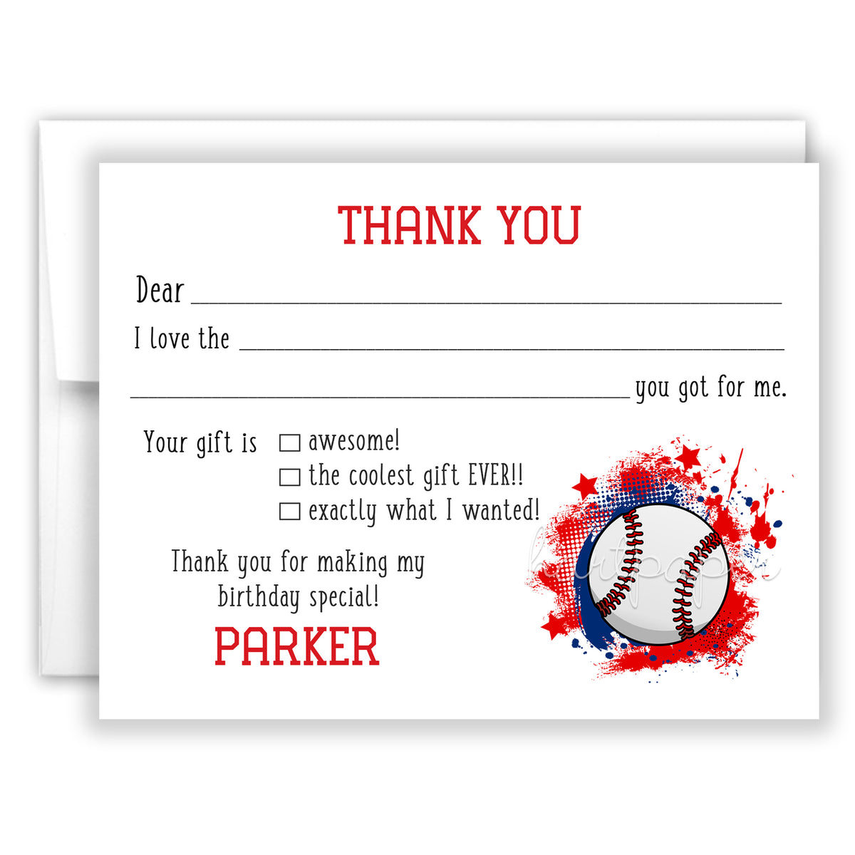 Baseball Thank You Note Card Personalized Custom Stationery • Fill in Blank, Lined or Blank Cards