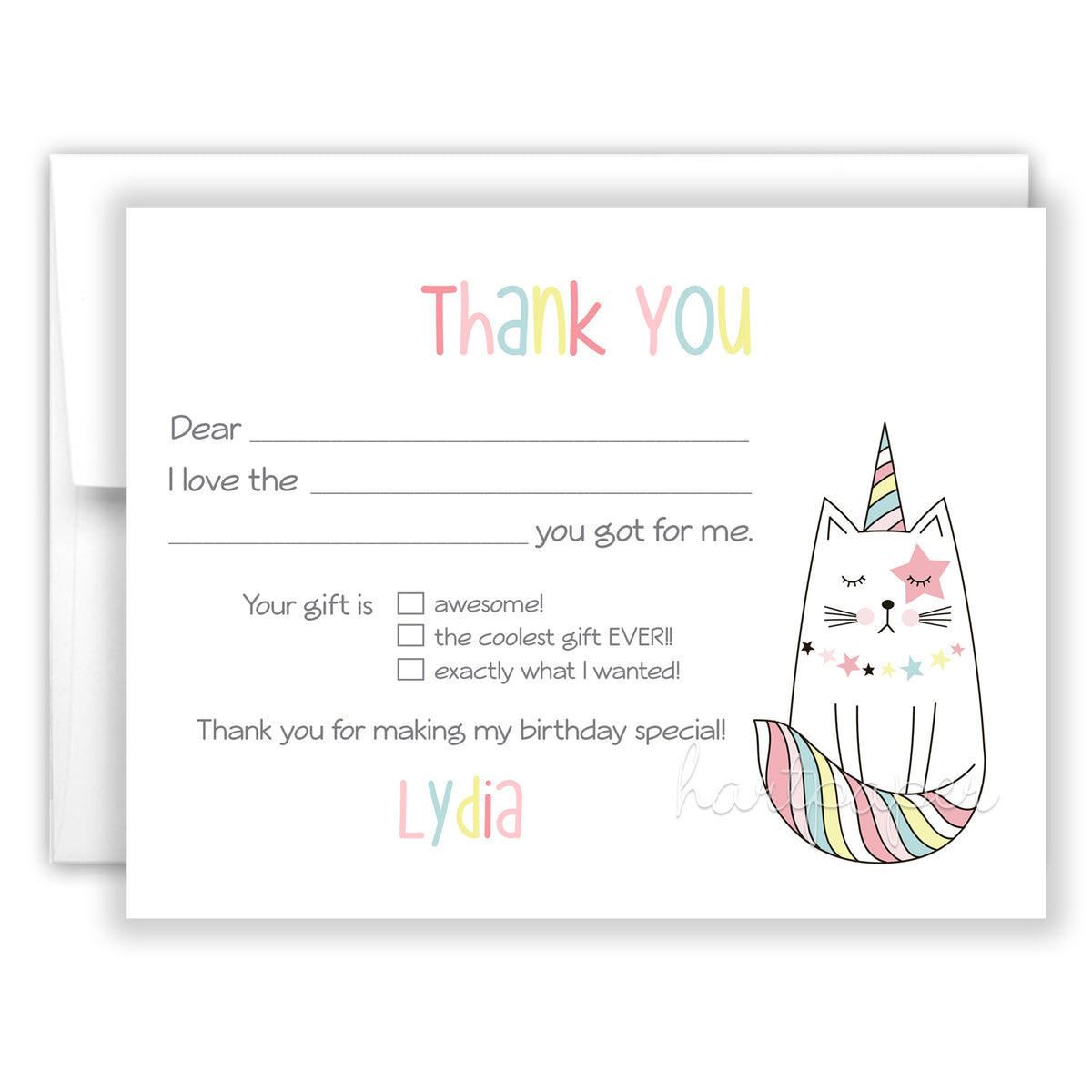 Caticorn Thank You Note Card Personalized Custom Stationery • Fill in Blank, Lined or Blank Cards