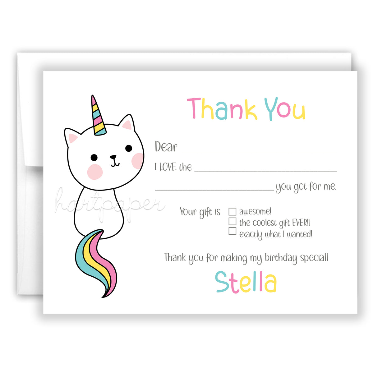 Caticorn Thank You Note Card Personalized Custom Stationery • Fill in Blank, Lined or Blank Cards