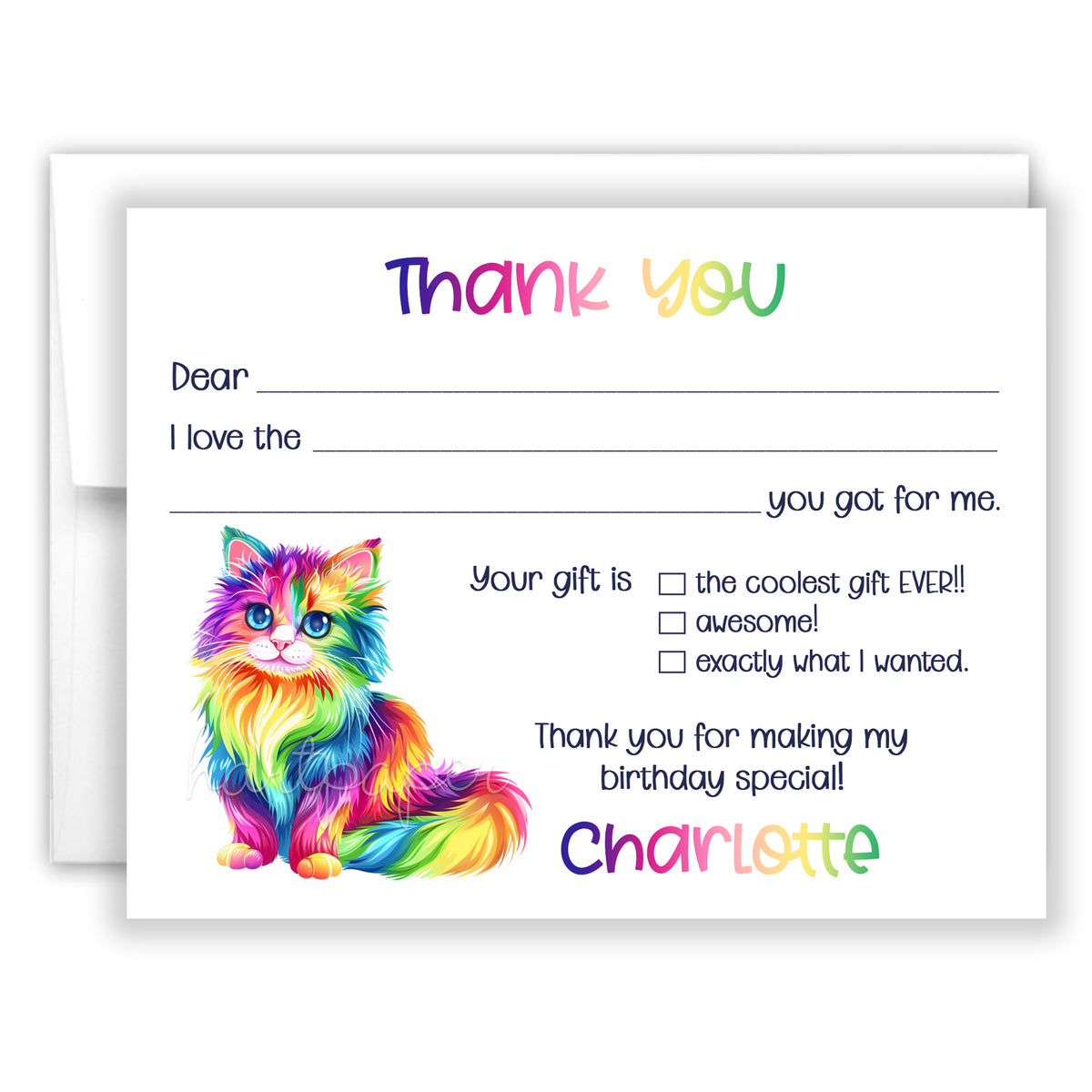 Rainbow Cat Kitten Thank You Note Card Personalized Custom Stationery • Fill in Blank, Lined or Blank Cards
