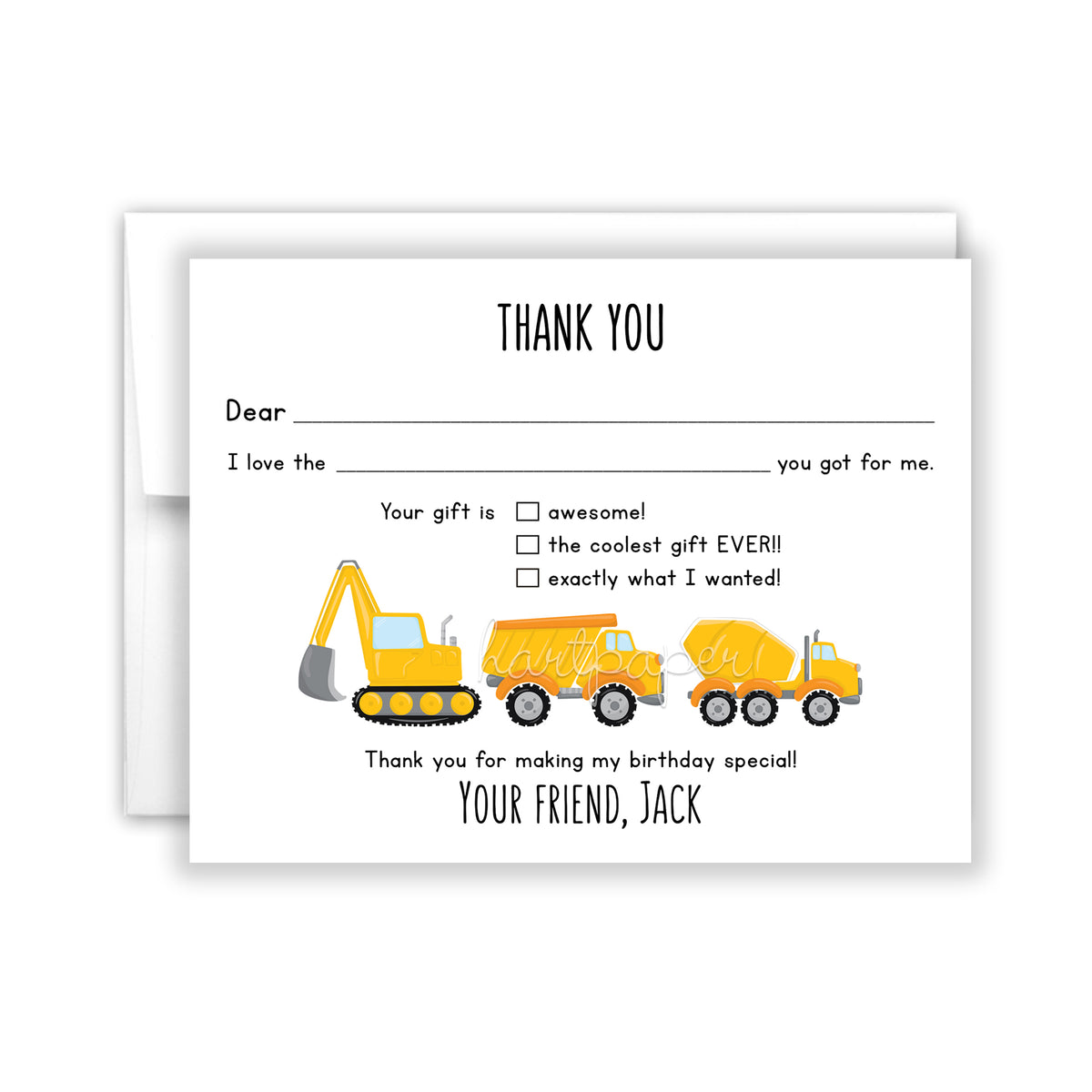 Construction Truck Thank You Note Card Personalized Custom Stationery • Fill in Blank, Lined or Blank Cards