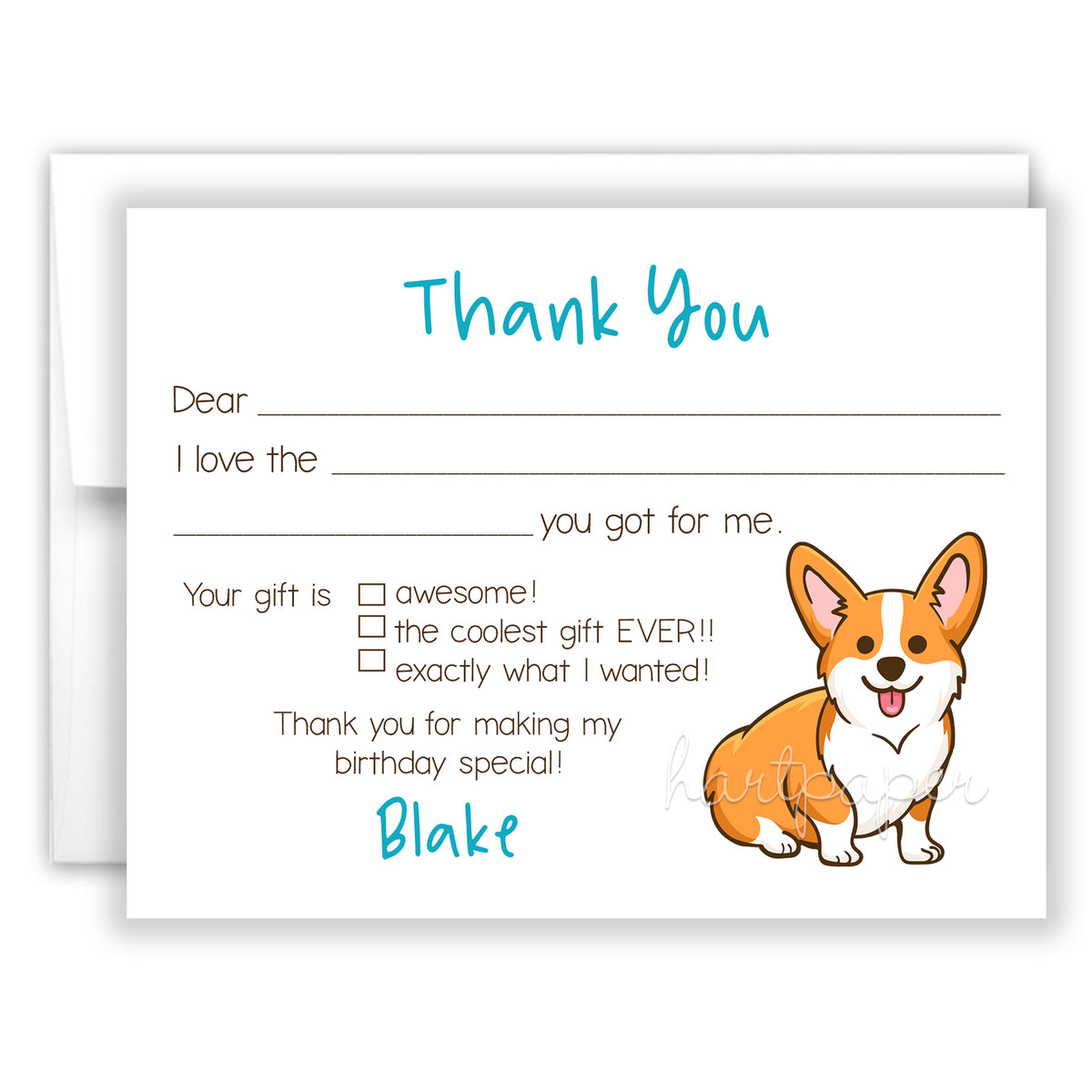 Corgi Dog Thank You Note Card Personalized Custom Stationery • Fill in Blank, Lined or Blank Cards