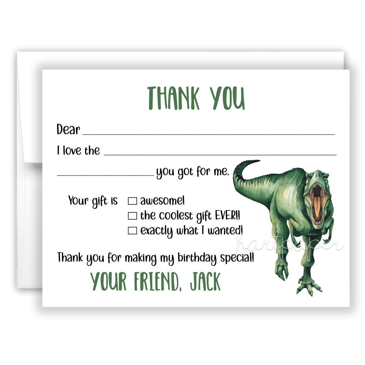 Dinosaur Thank You Note Card Personalized Custom Stationery • Fill in Blank, Lined or Blank Cards