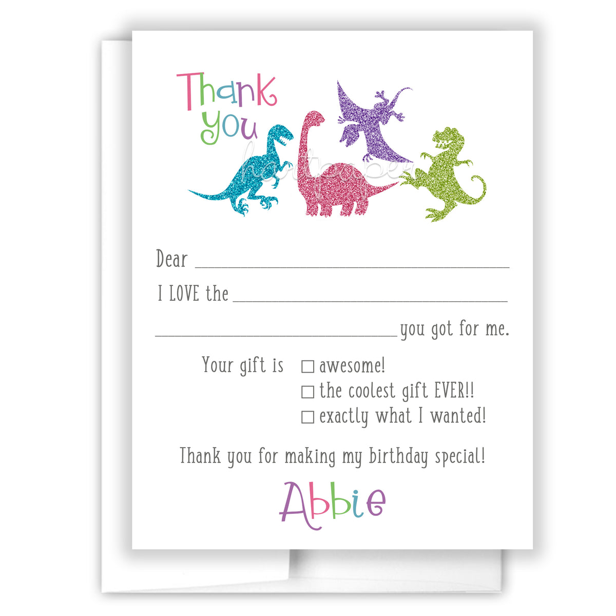 Girly Dinosaur Thank You Note Card Personalized Custom Stationery • Fill in Blank, Lined or Blank Cards
