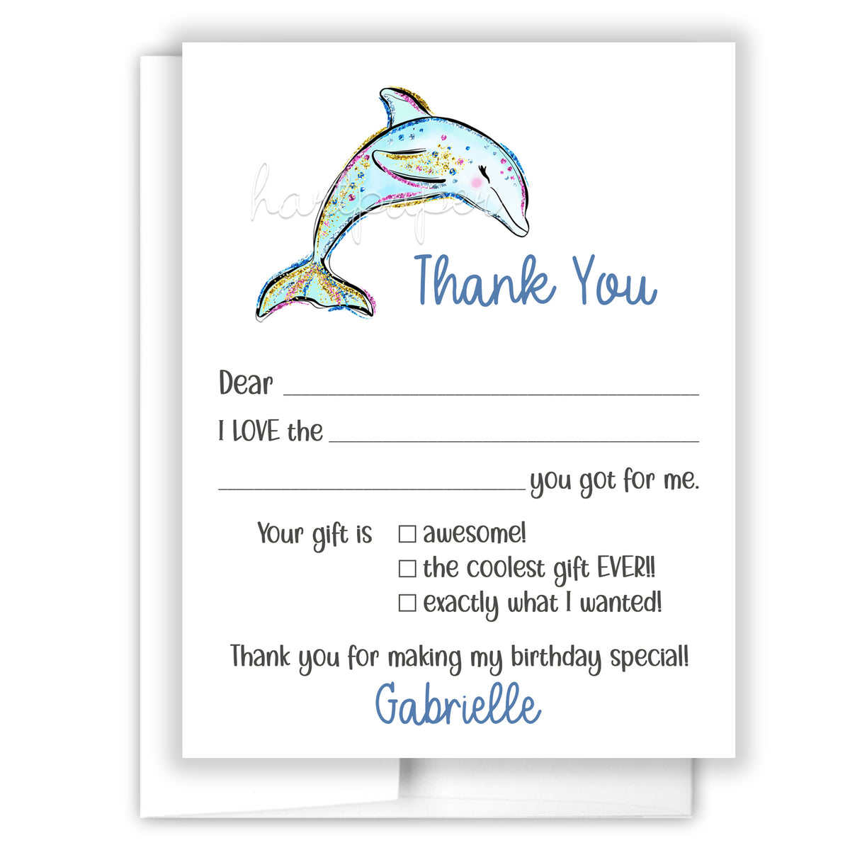 Dolphin Thank You Note Card Personalized Custom Stationery • Fill in Blank, Lined or Blank Cards