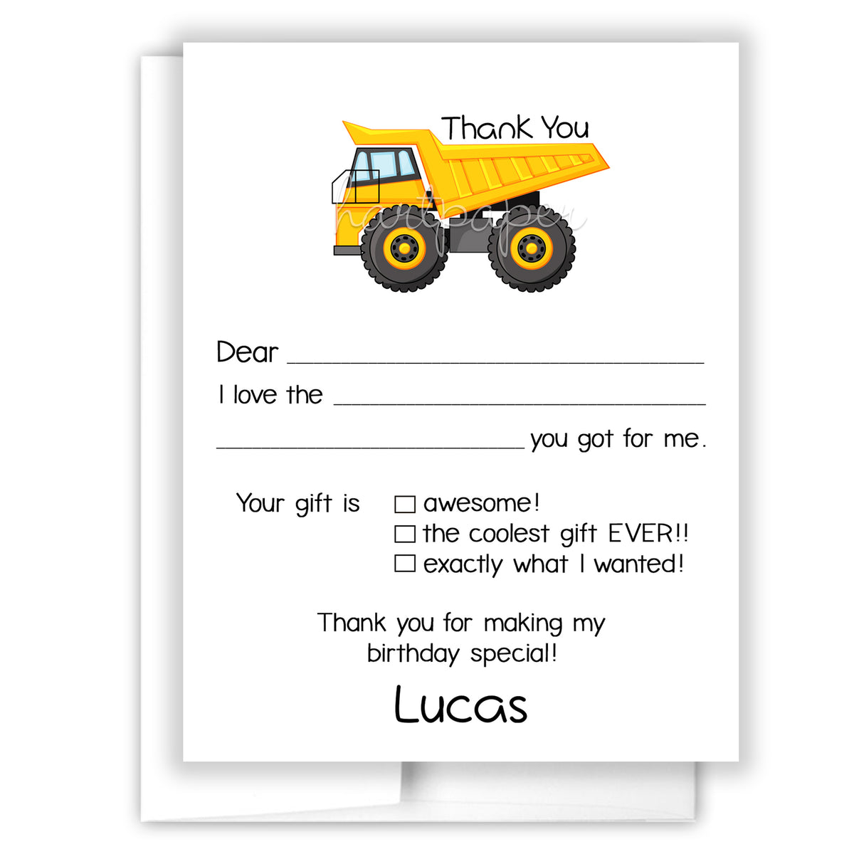 Dump Truck Thank You Note Card Personalized Custom Stationery • Fill in Blank, Lined or Blank Cards