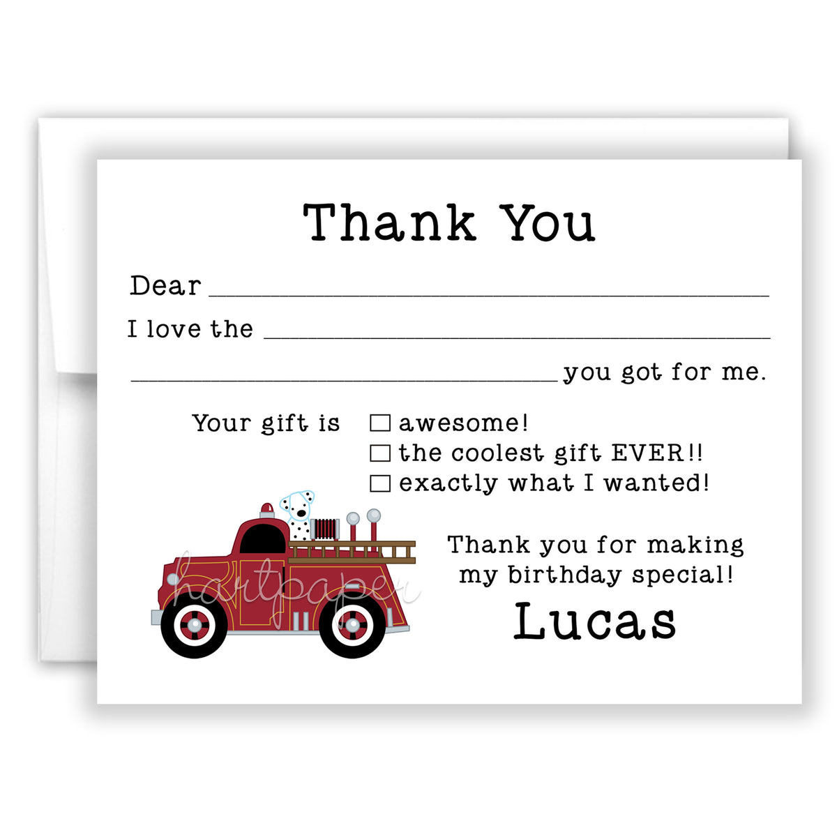 Firetruck Thank You Note Card Personalized Custom Stationery • Fill in Blank, Lined or Blank Cards