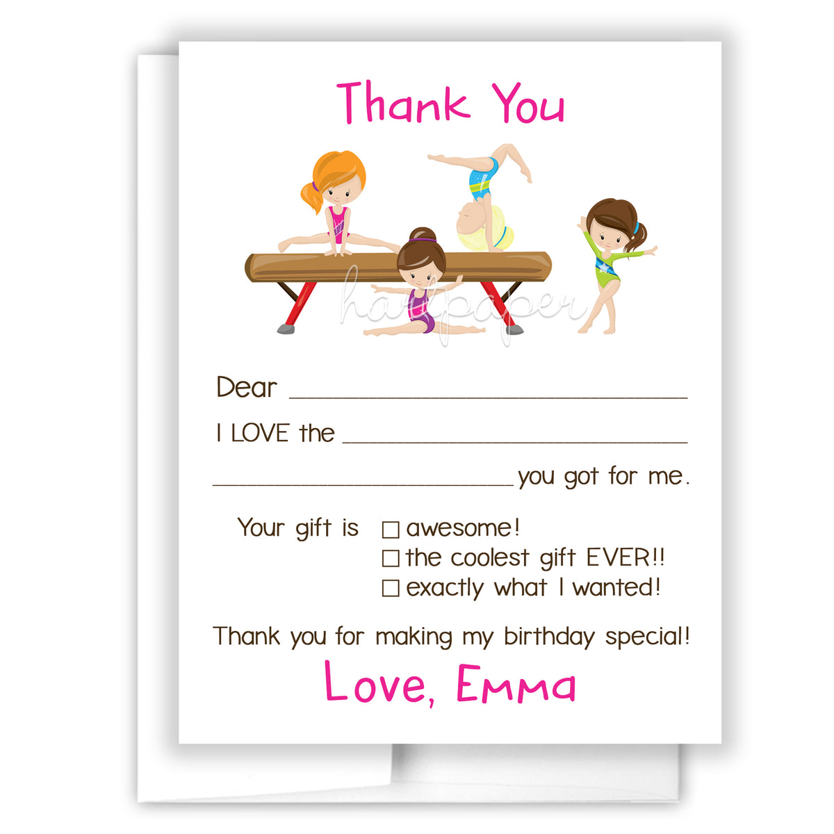 Gymnastics Thank You Note Card Personalized Custom Stationery • Fill in Blank, Lined or Blank Cards