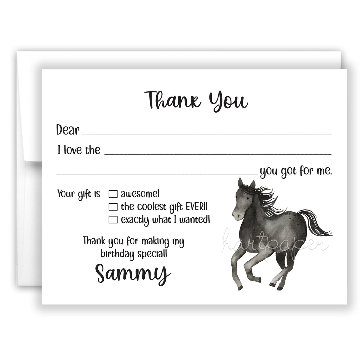 Horse Thank You Note Card Personalized Custom Stationery • Fill in Blank, Lined or Blank Cards