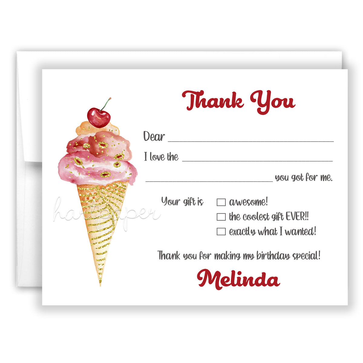 Ice Cream Thank You Note Card Personalized Custom Stationery • Fill in Blank, Lined or Blank Cards