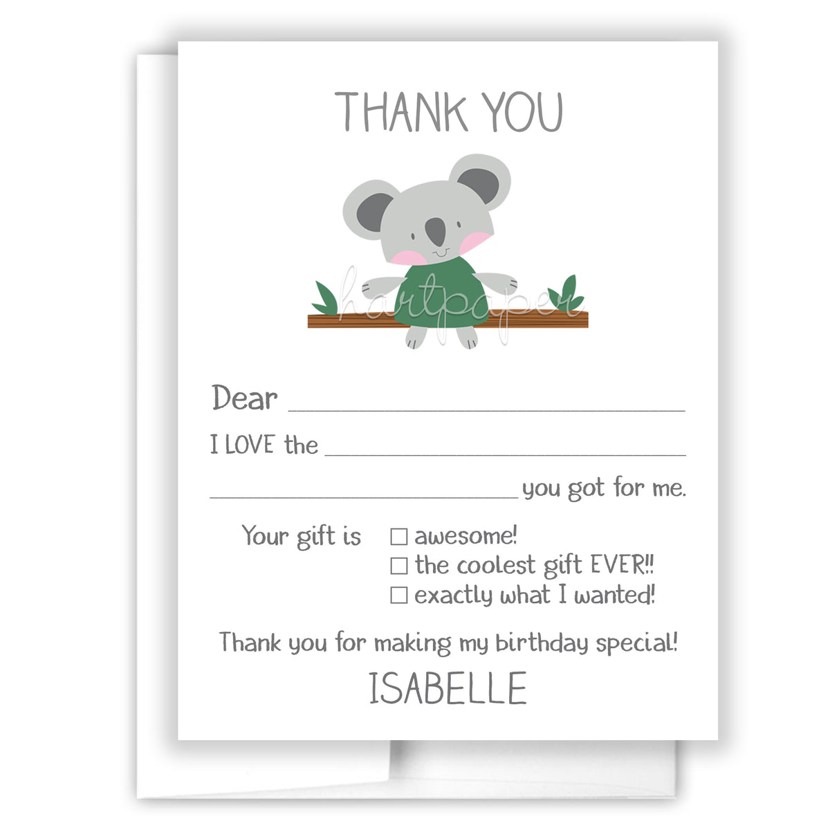 Koala Bears Thank You Note Card Personalized Custom Stationery • Fill in Blank, Lined or Blank Cards