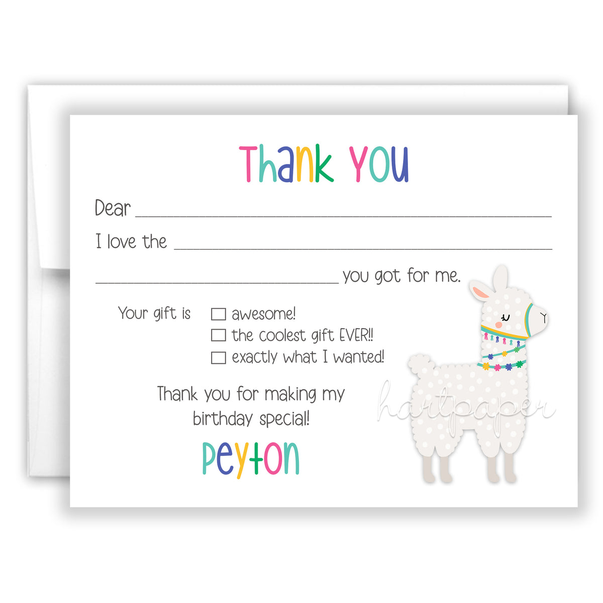 Llama Thank You Note Card Personalized Custom Stationery • Fill in Blank, Lined or Blank Cards