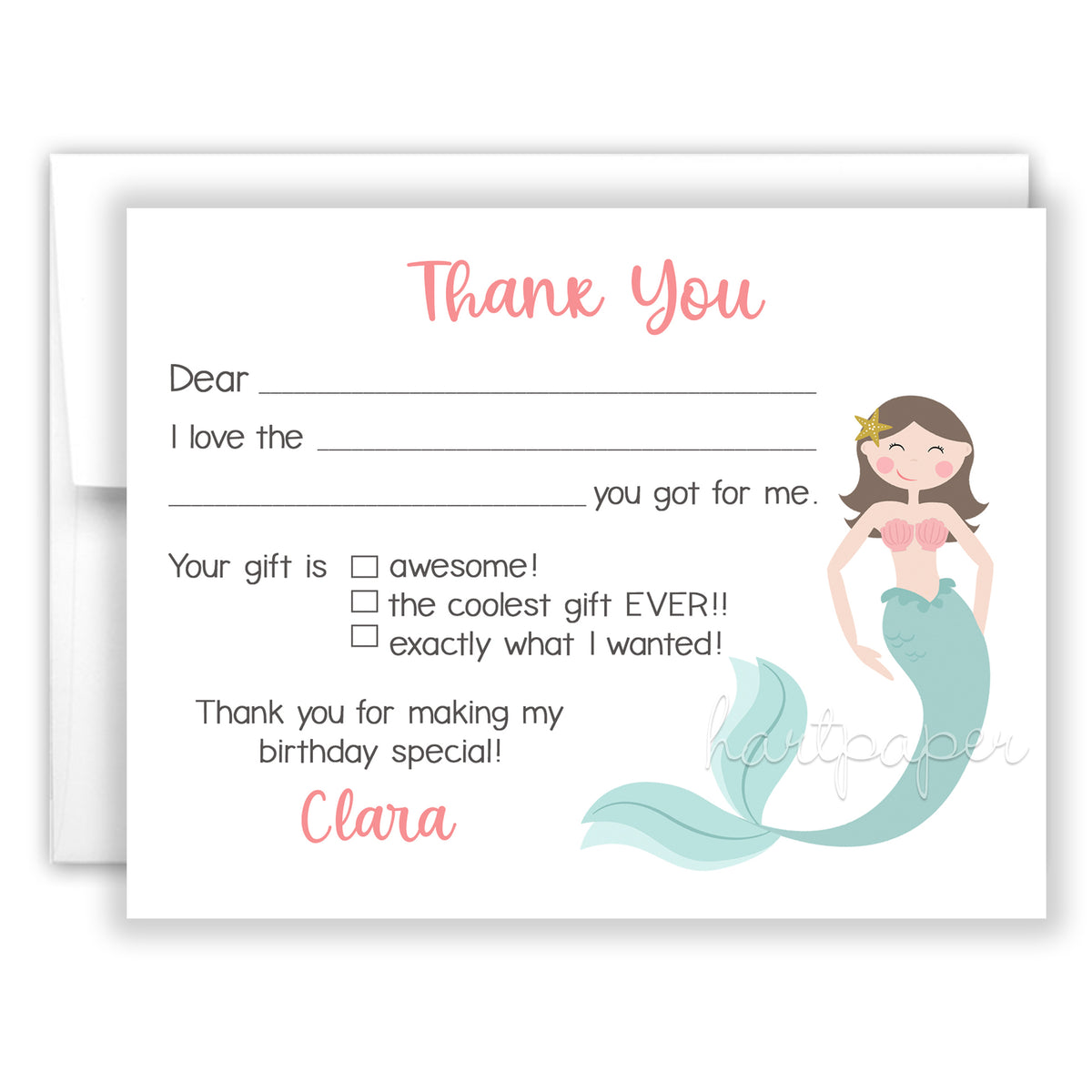 Mermaid Thank You Note Card Personalized Custom Stationery • Fill in Blank, Lined or Blank Cards
