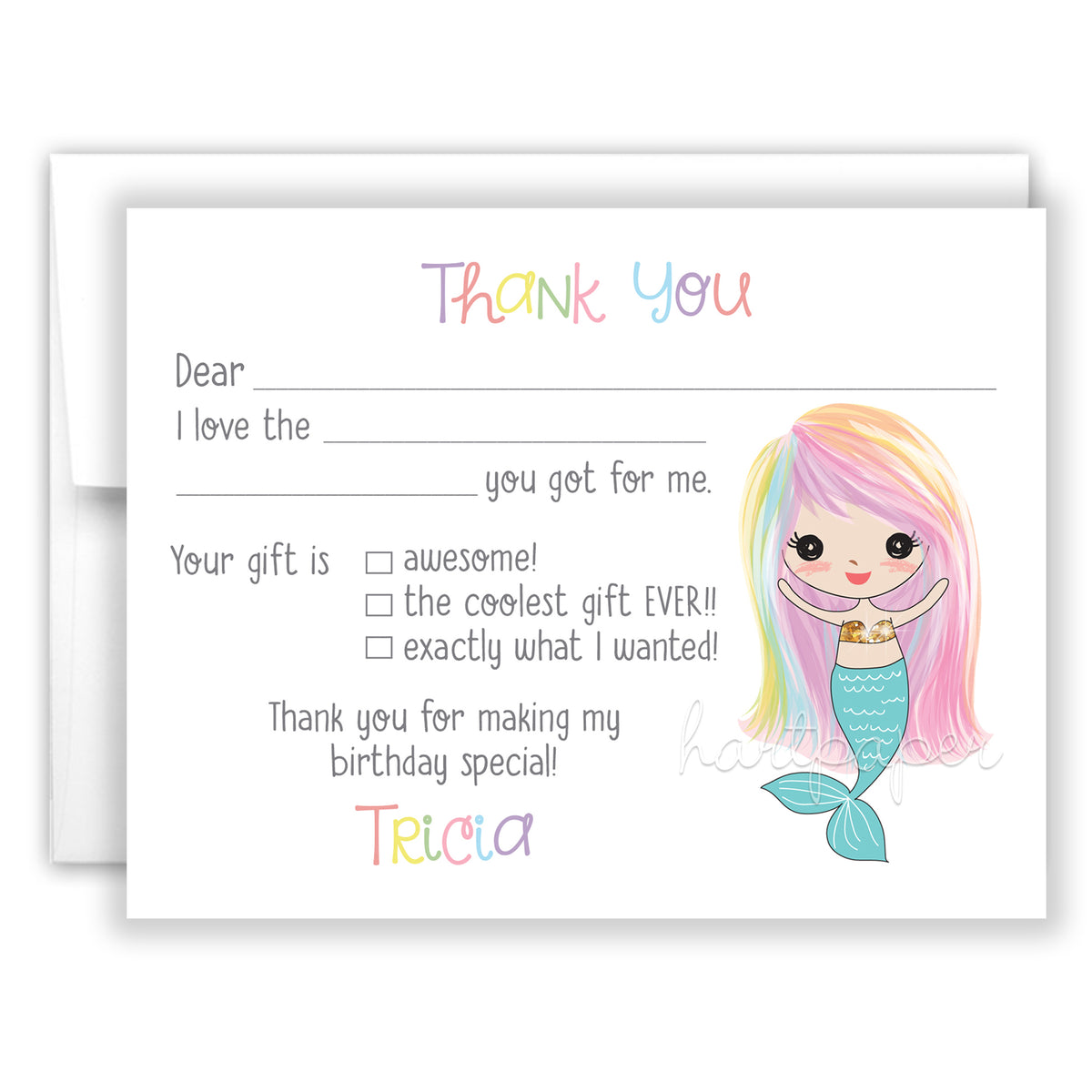 Mermaid Thank You Note Card Personalized Custom Stationery • Fill in Blank, Lined or Blank Cards