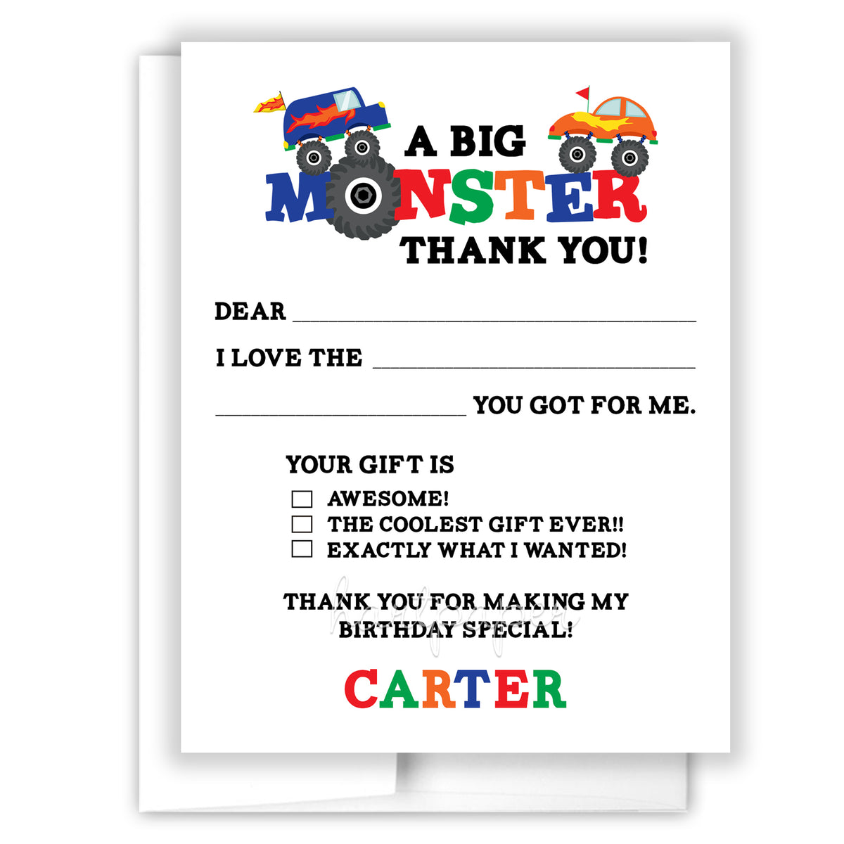 Monster Truck Thank You Note Card Personalized Custom Stationery • Fill in Blank, Lined or Blank Cards