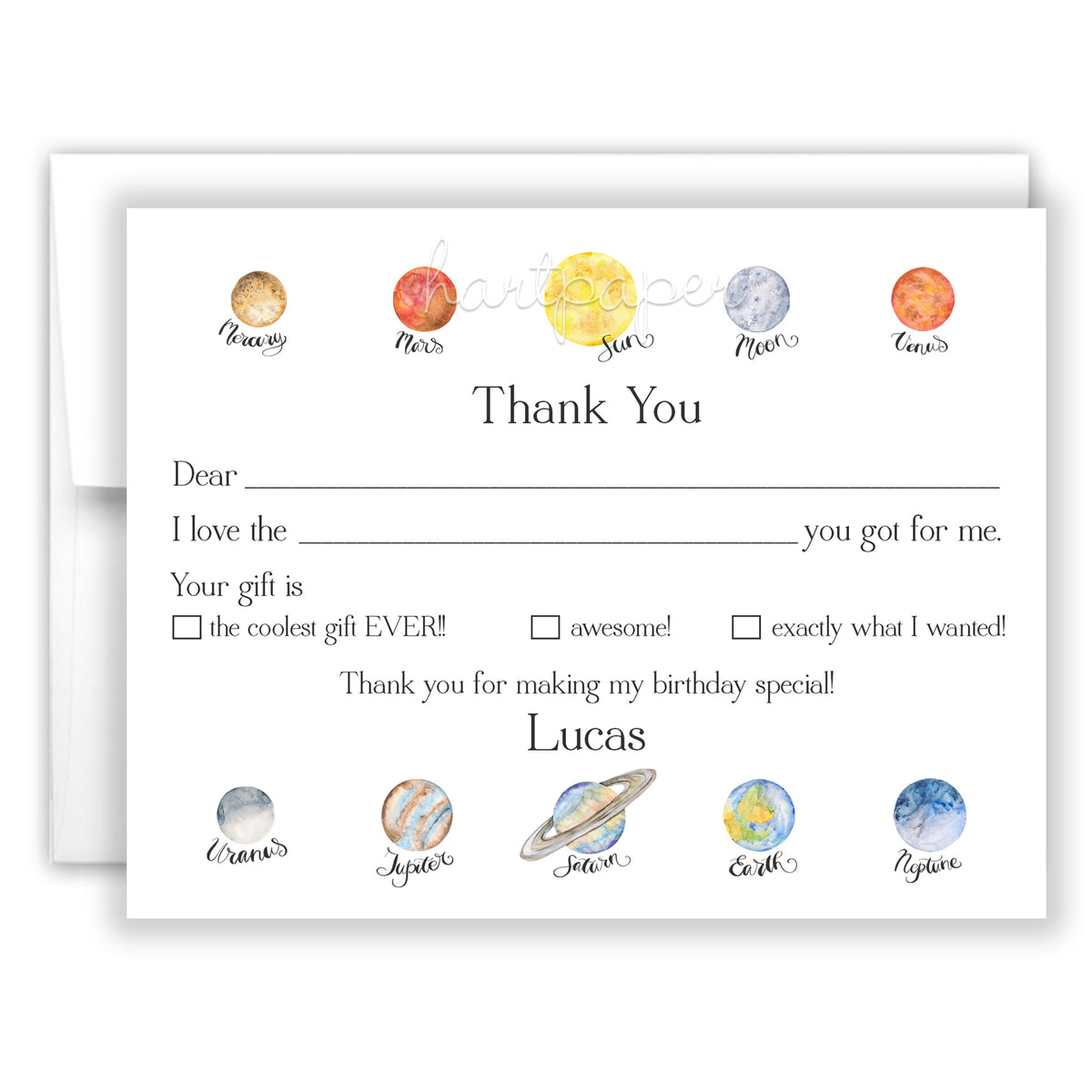 Planets Thank You Note Card Personalized Custom Stationery • Fill in Blank, Lined or Blank Cards
