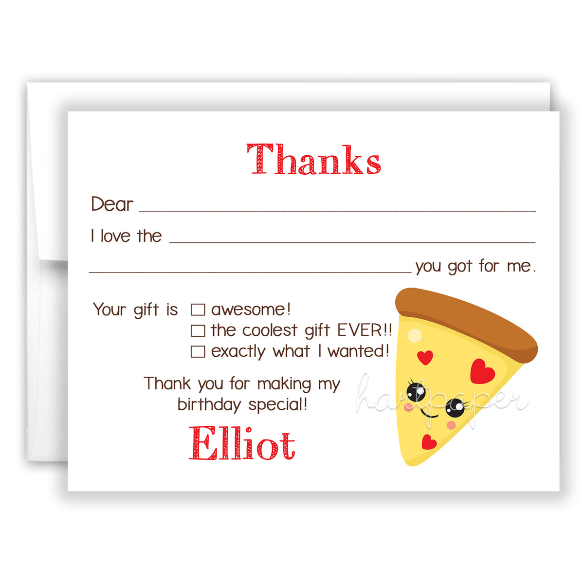 Pizza Thank You Note Card Personalized Custom Stationery • Fill in Blank, Lined or Blank Cards