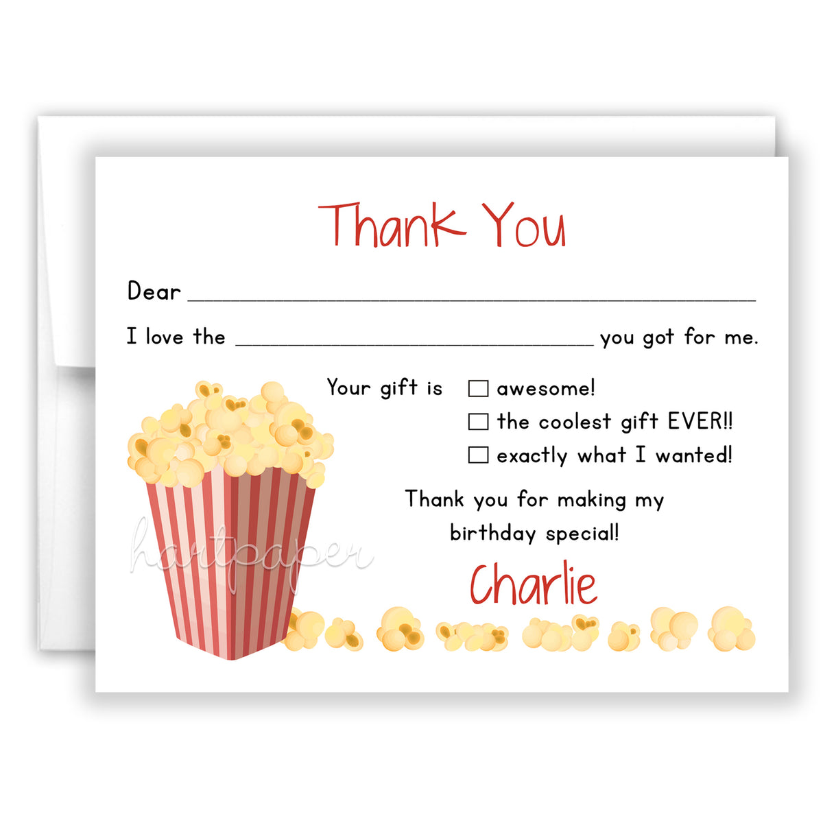 Popcorn Thank You Note Card Personalized Custom Stationery • Fill in Blank, Lined or Blank Cards