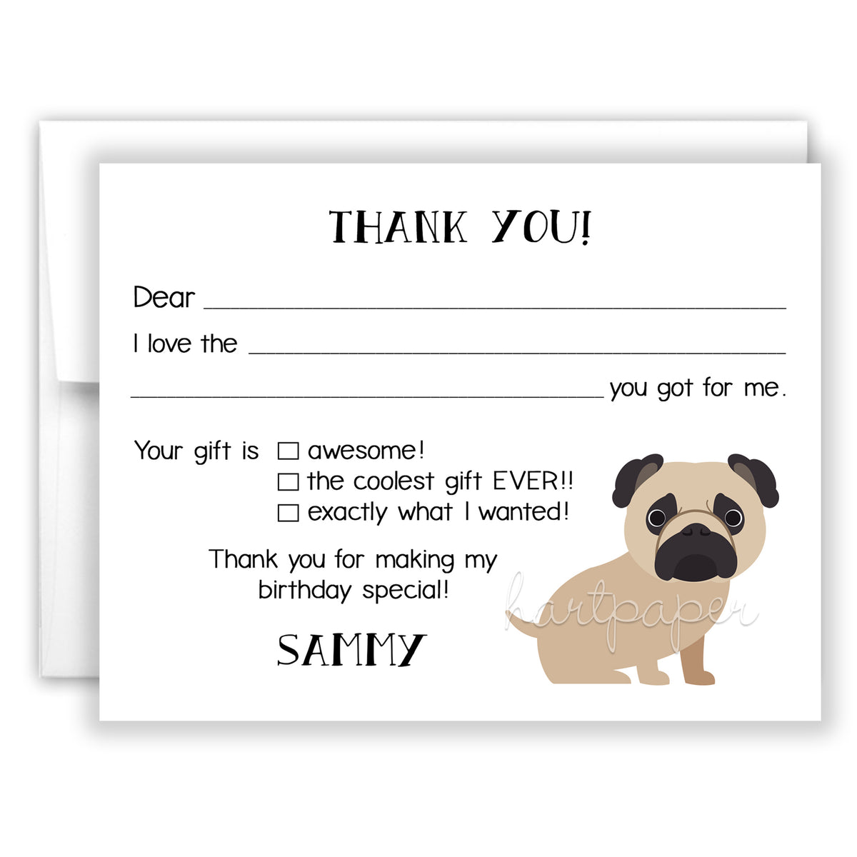 Pug Dog Thank You Note Card Personalized Custom Stationery • Fill in Blank, Lined or Blank Cards