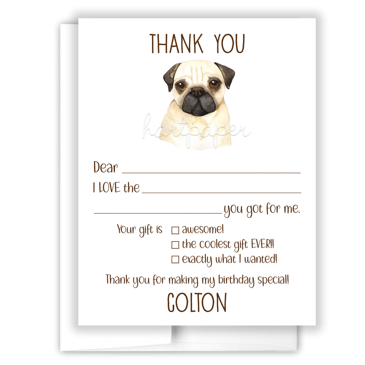 Pug Dog Thank You Note Card Personalized Custom Stationery • Fill in Blank, Lined or Blank Cards