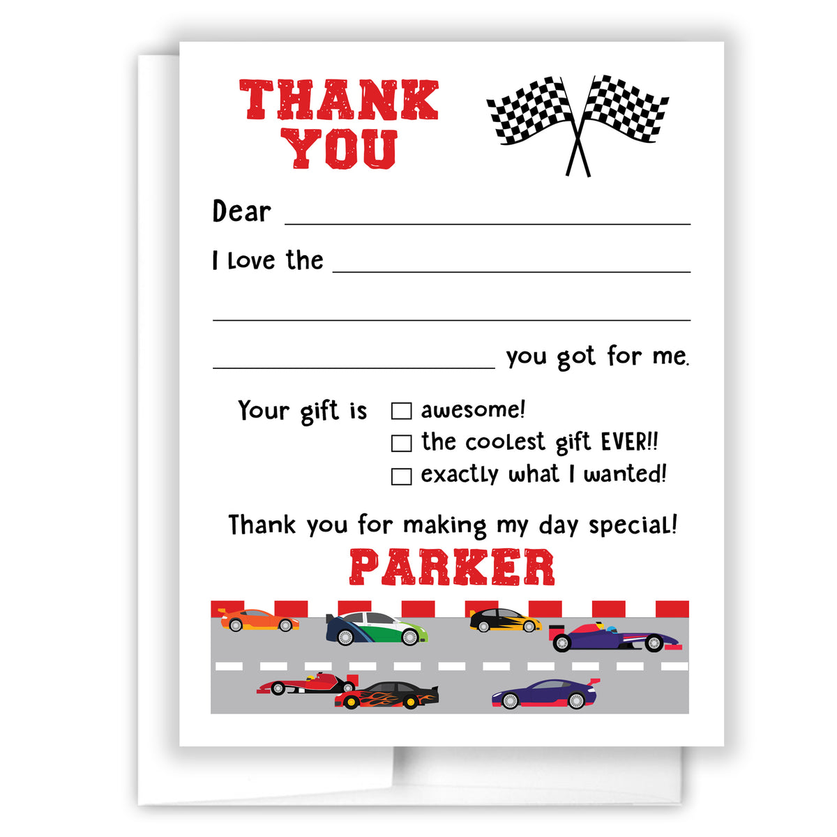 Race Cars Thank You Note Card Personalized Custom Stationery • Fill in Blank, Lined or Blank Cards