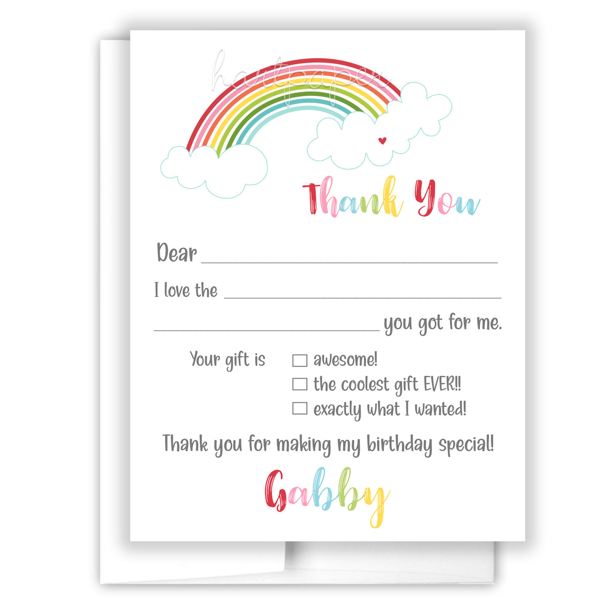 Rainbow Thank You Note Card Personalized Custom Stationery • Fill in Blank, Lined or Blank Cards
