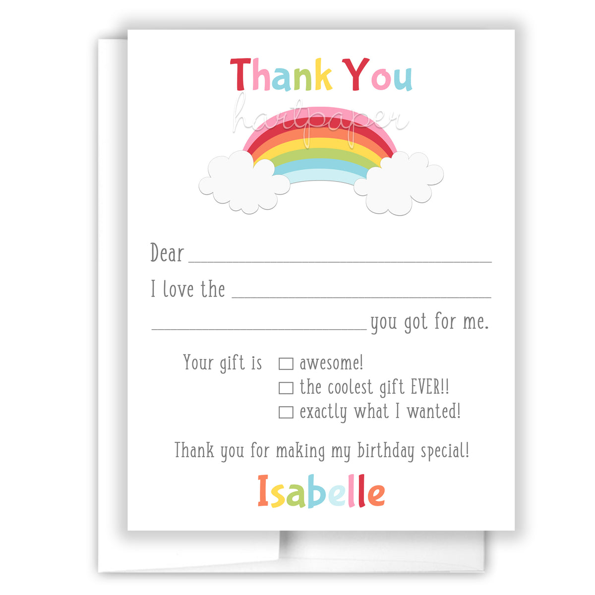 Rainbow Thank You Note Card Personalized Custom Stationery • Fill in Blank, Lined or Blank Cards