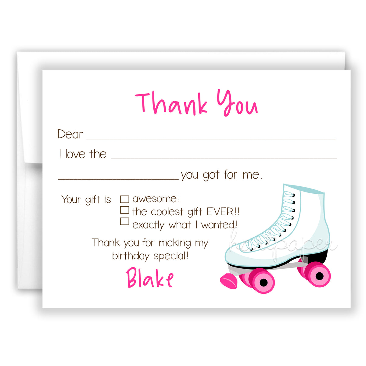 Roller Skate Thank You Note Card Personalized Custom Stationery • Fill in Blank, Lined or Blank Cards