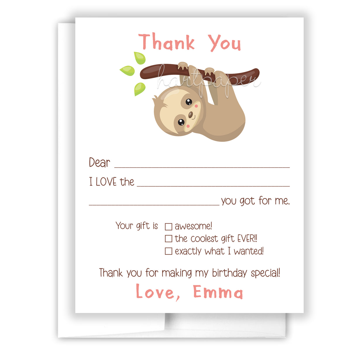 Sloth Thank You Note Card Personalized Custom Stationery • Fill in Blank, Lined or Blank Cards