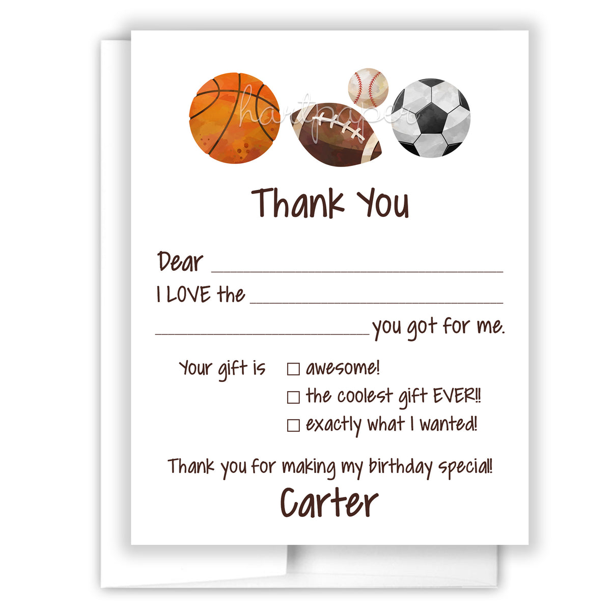 Sports Balls Thank You Note Card Personalized Custom Stationery • Fill in Blank, Lined or Blank Cards