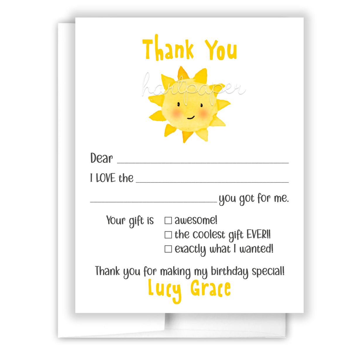 Sunshine Thank You Note Card Personalized Custom Stationery • Fill in Blank, Lined or Blank Cards