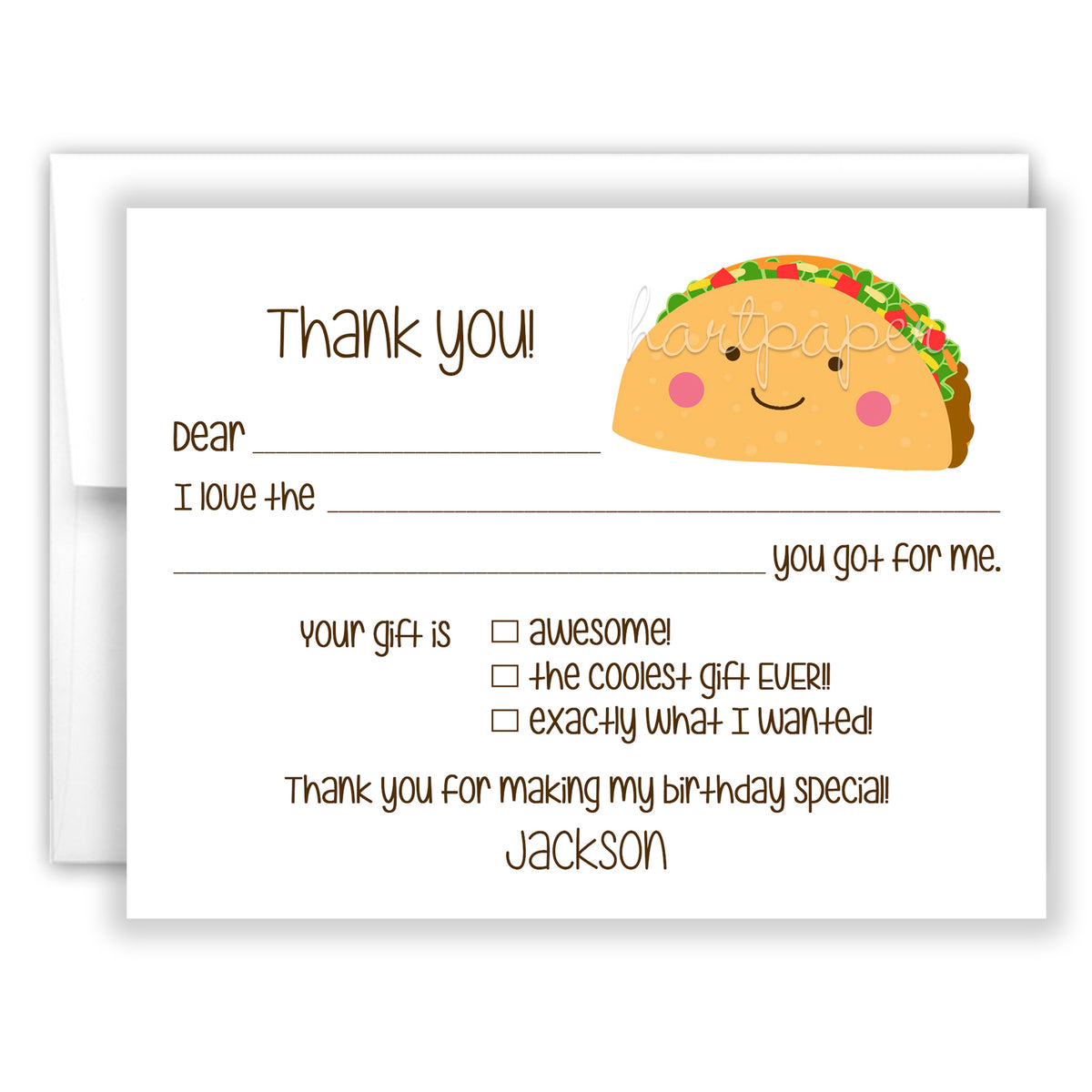 Taco Thank You Note Card Personalized Custom Stationery • Fill in Blank, Lined or Blank Cards