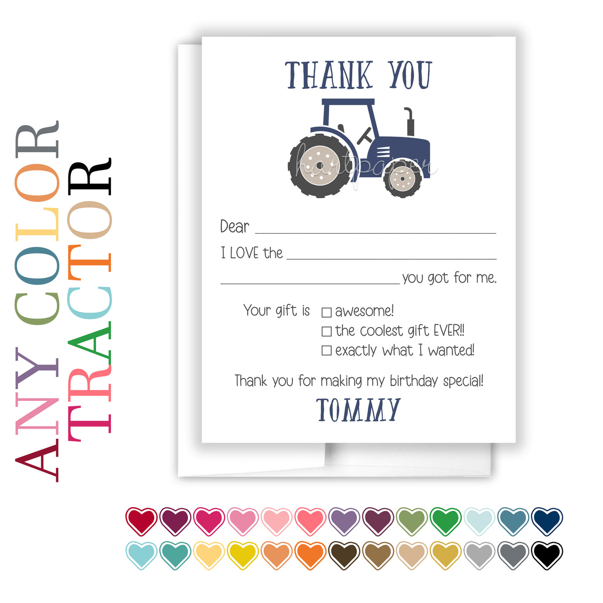 Tractor Thank You Note Card Personalized Custom Stationery • Fill in Blank, Lined or Blank Cards