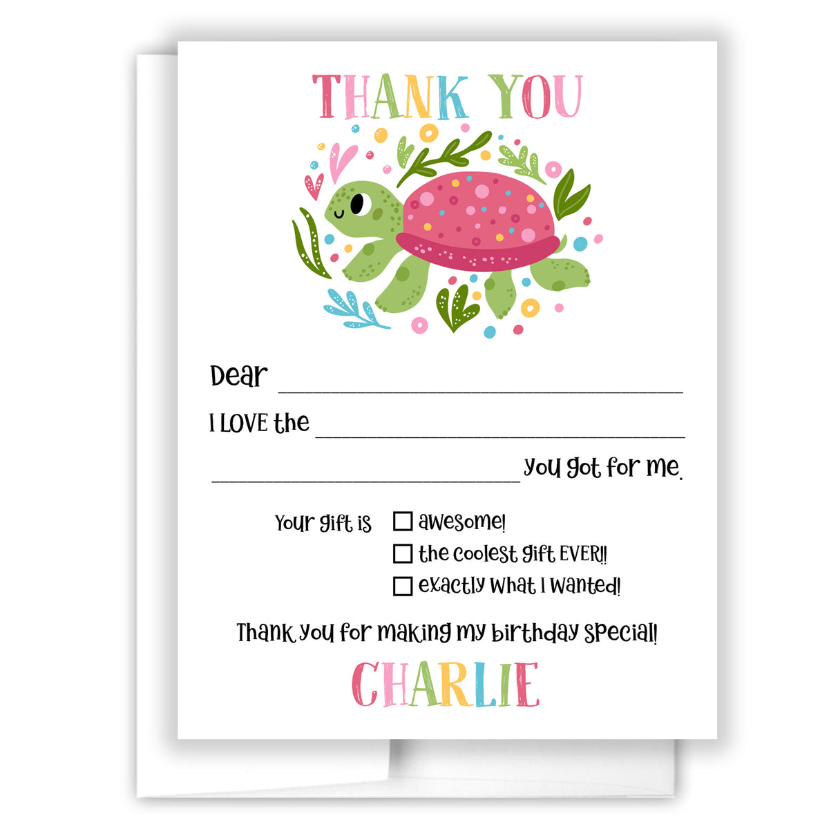 Turtle Thank You Note Card Personalized Custom Stationery • Fill in Blank, Lined or Blank Cards