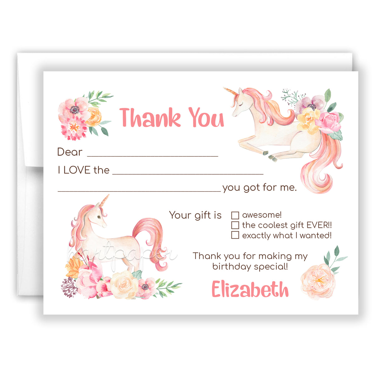 Rainbow Unicorn Thank You Note Card Personalized Custom Stationery • Fill in Blank, Lined or Blank Cards