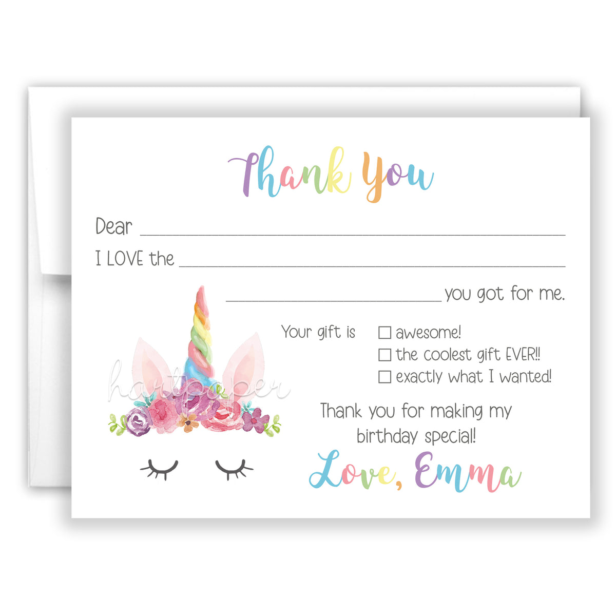 Rainbow Unicorn Thank You Note Card Personalized Custom Stationery • Fill in Blank, Lined or Blank Cards