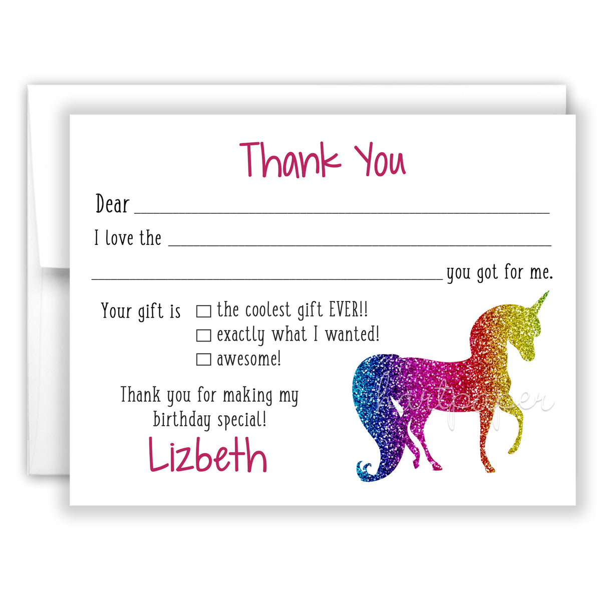 Rainbow Unicorn Thank You Note Card Personalized Custom Stationery • Fill in Blank, Lined or Blank Cards
