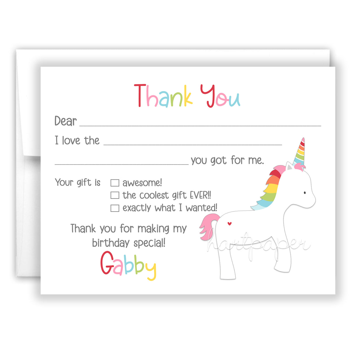 Rainbow Unicorn Thank You Note Card Personalized Custom Stationery • Fill in Blank, Lined or Blank Cards