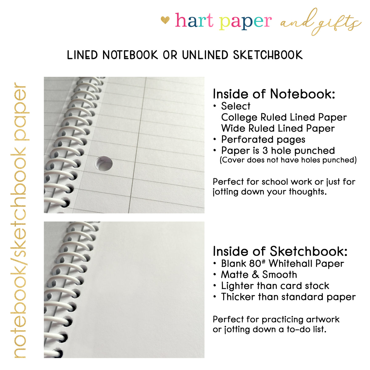 two notebooks and a sketchbook, with text providing information about their uses.
