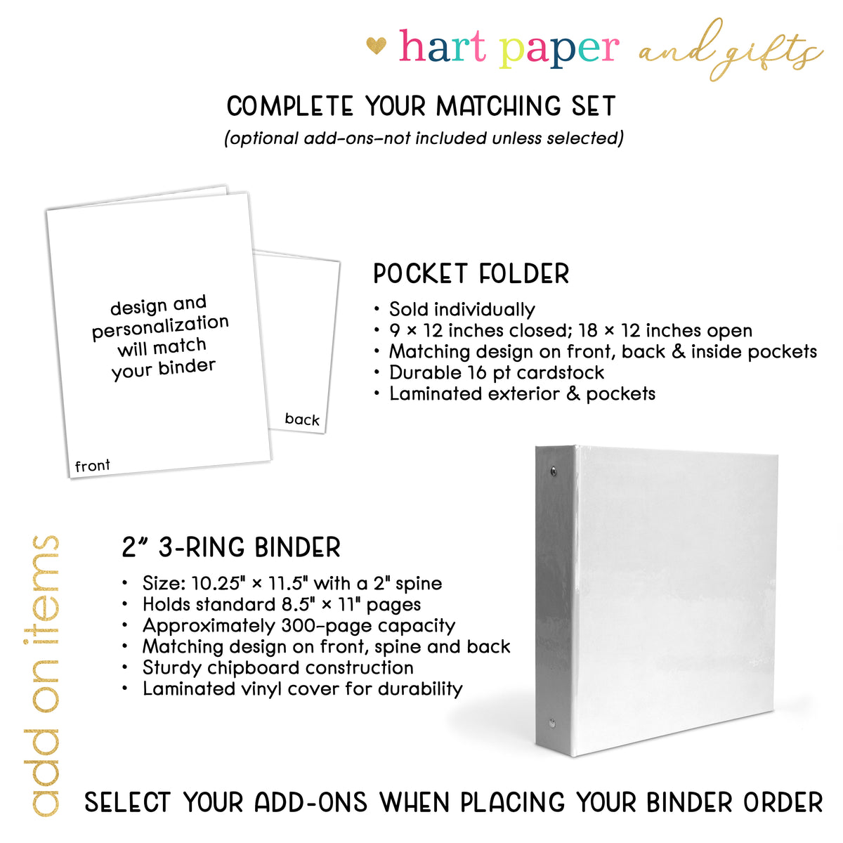 The image is a set of two different types of binders, a pocket folder and a 3-ring binder, with a description of their features and a list of their sizes.