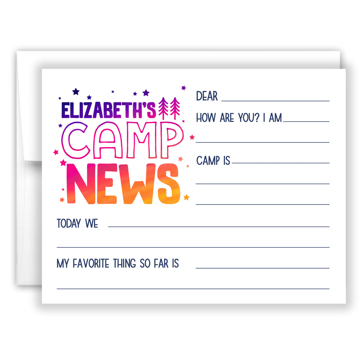 Rainbow Camp News Summer Camping Note Cards Stationery Custom Personalized • Fill in Blank, Lined or Blank Cards