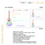 Rainbow Guitar Hello from Camp Summer Camping Note Cards Stationery • Fill in Blank, Lined or Blank Cards