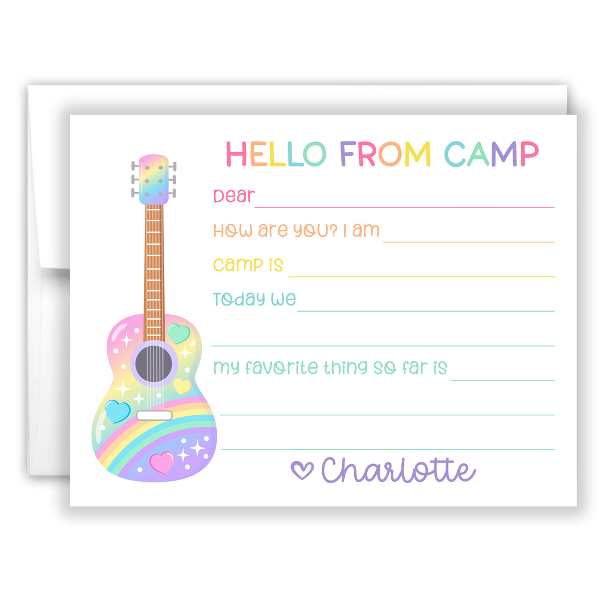 Rainbow Guitar Hello from Camp Summer Camping Note Cards Stationery Custom Personalized • Fill in Blank, Lined or Blank Cards