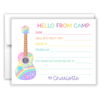 Rainbow Guitar Hello from Camp Summer Camping Note Cards Stationery • Fill in Blank, Lined or Blank Cards