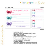 Rainbow Bow Coquette Summer Camp Camping Note Cards Stationery • Fill in Blank, Lined or Blank Cards