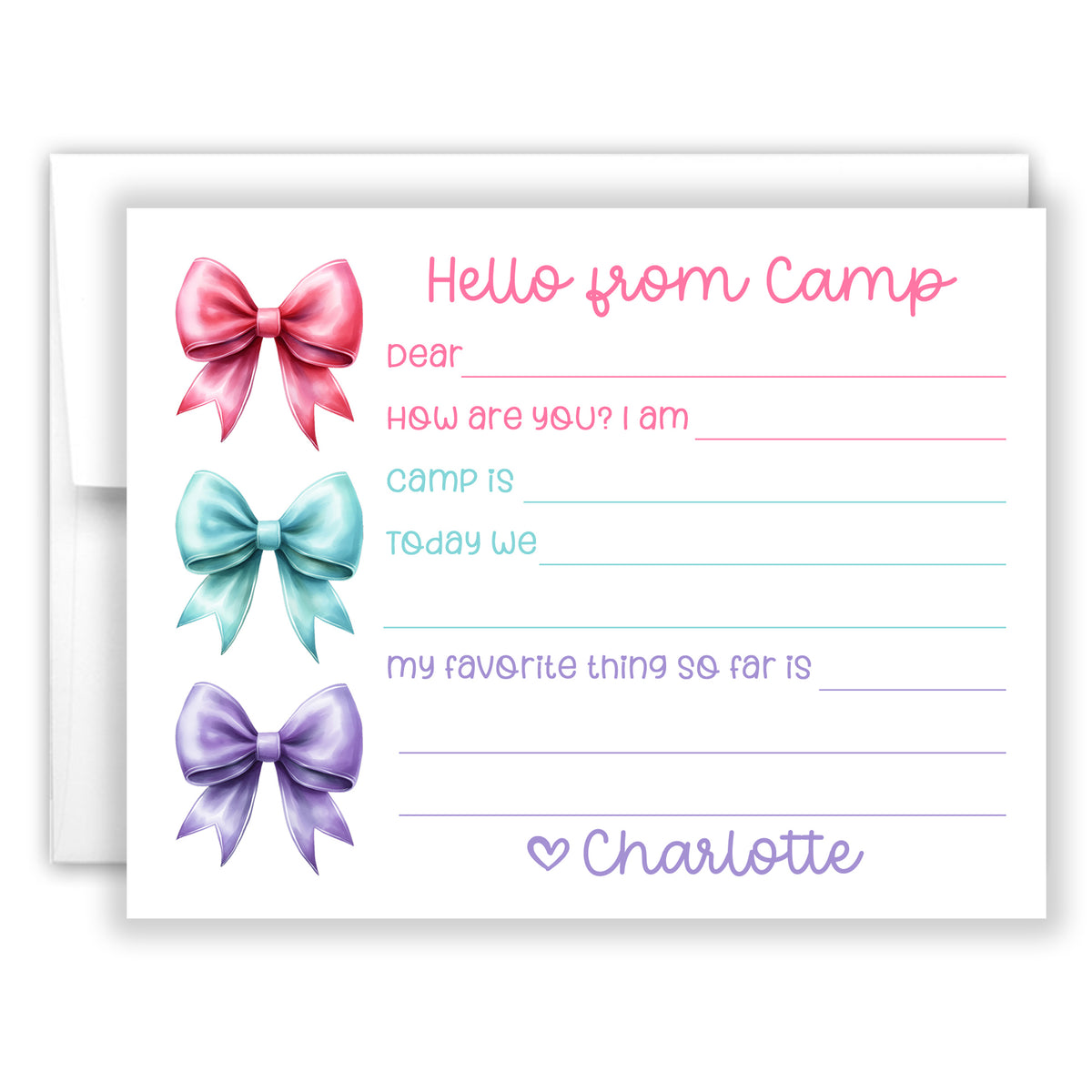 Rainbow Bow Coquette Summer Camp Camping Note Cards Stationery Custom Personalized • Fill in Blank, Lined or Blank Cards