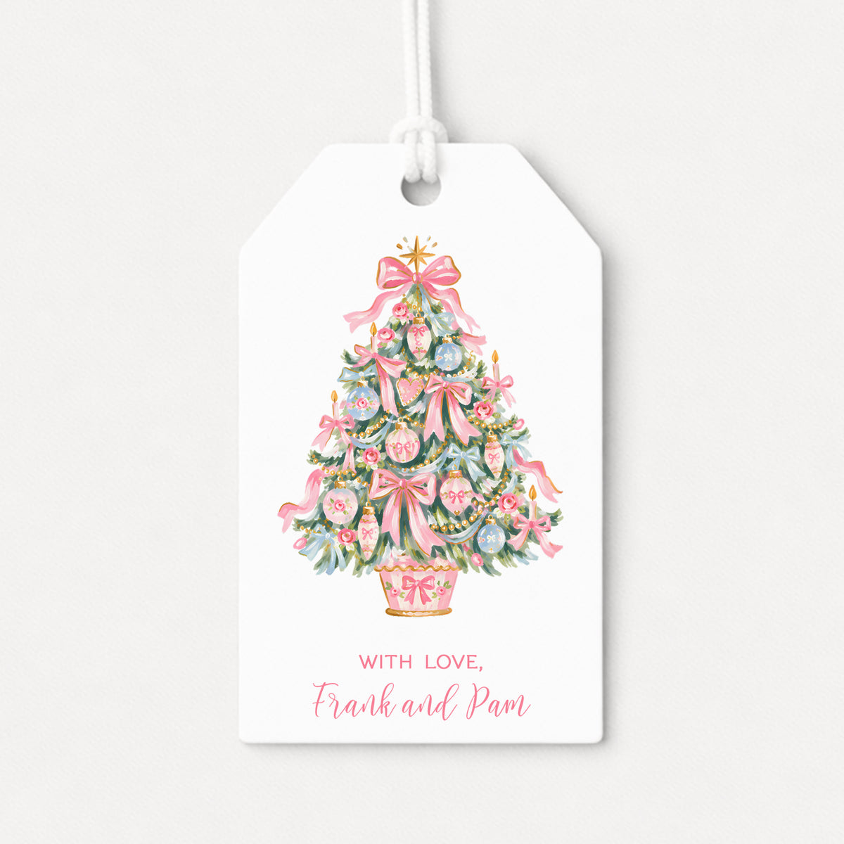 Pink Bows Christmas Tree Personalized Gift Tags • Christmas Holiday Gift Wrapping • Custom Family Name Tag • Gifts Whimsical